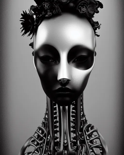 Prompt: black and white dreamy foggy smoky profile face portrait, one silver steampunk realistic eye biomechanical beautiful young female cyclope - cyborg - robot bust, body ribs meshes,, volumetric light, hibiscus flowers, by hg giger man ray, rim light, big gothic fashion pearl embroidered collar, 8 k