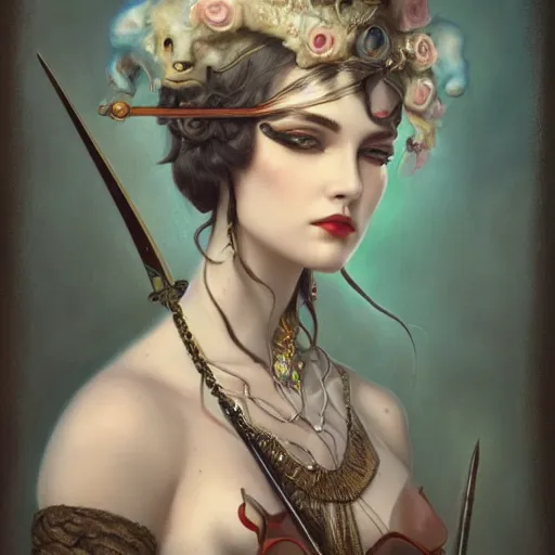 Prompt: tom bagshaw, soft painting of a curiosities carnival steampunk, beautiful young aristocrat blessing sword in full dress, perfectly detailed, symmetrical accurate intricate sensual features, highly detailed, artstation, sharp focus