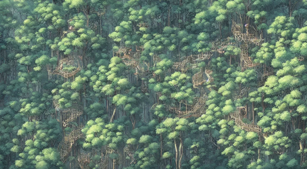 Image similar to aerial view of treetop canopy, intricate, detailed, by studio ghibli and greg rutkowski,