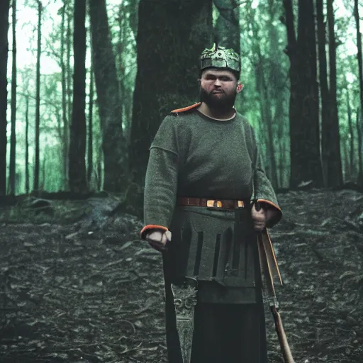 Image similar to close up kodak portra 4 0 0 photograph of a roman legimeer after the battle standing in dark forest, moody lighting, telephoto, 9 0 s vibe, blurry background, vaporwave colors, faded