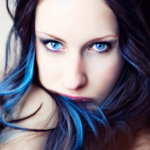 Prompt: beautiful dark haired woman with pale skin and blue eyes