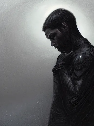 Image similar to a sad man wearing all black looking down. mourning, grieving. intricate, elegant, highly detailed, digital painting, artstation, concept art, sharp focus, illustration, by justin gerard and artgerm, 8 k