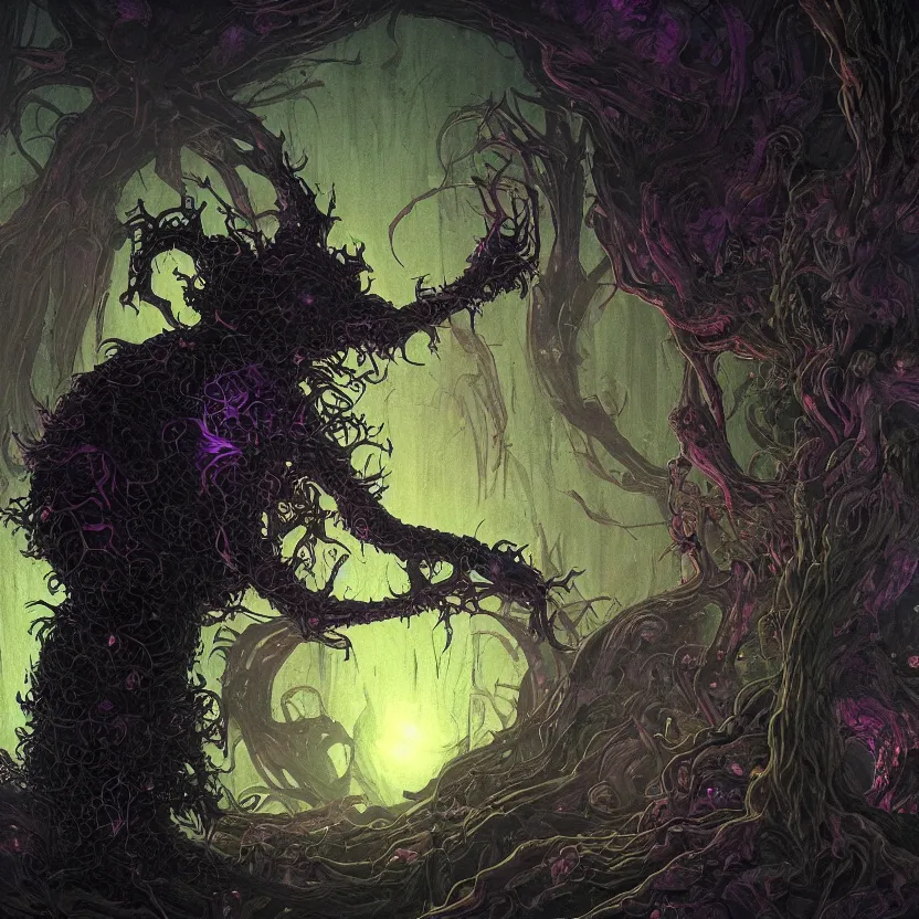 Prompt: a close - up view portrait of a silhouetted plant monster meditating with iridescent glow - fi baroque neoclassicist halls. detailed textures. glowing colourful fog, dark black background. highly detailed fantasy fiction painting by moebius, norman rockwell, frank frazetta, and syd mead. rich colors, high contrast. artstation