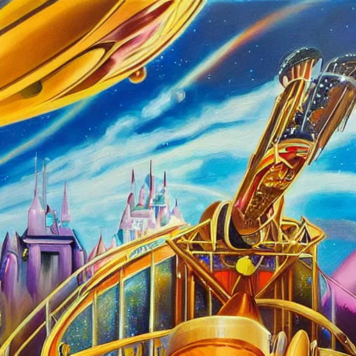 Image similar to the astro orbiter ride at disneyland melting in the heat, surreal painting, high detail