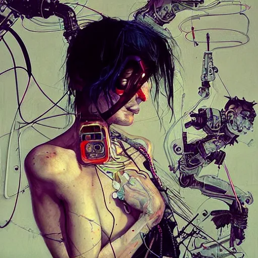 Image similar to shannyn sossamon as a cyberpunk hacker, wires cybernetic implants, in the style of adrian ghenie, esao andrews, jenny saville, surrealism, dark art by james jean, takato yamamoto