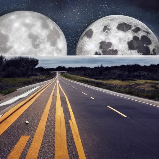 Image similar to parts of the moon are blocking the highway, cinematic, professional photographer