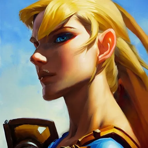 Image similar to greg manchess portrait painting of partially armored female link from legend of zelda as overwatch character, medium shot, asymmetrical, profile picture, organic painting, sunny day, matte painting, bold shapes, hard edges, street art, trending on artstation, by huang guangjian and gil elvgren and sachin teng