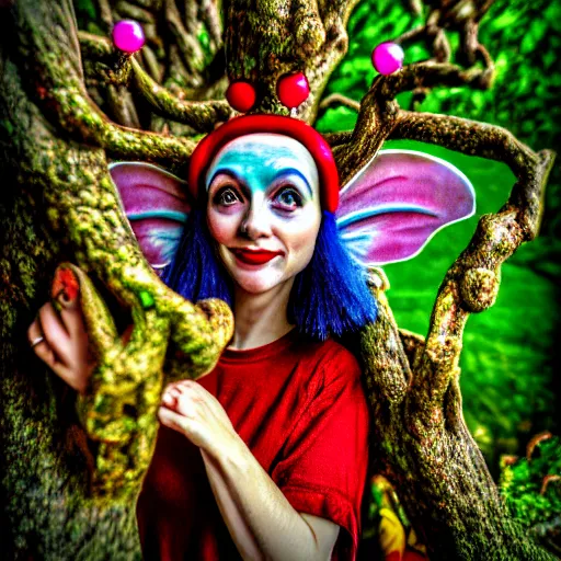 Image similar to a person wearing a jester hat that is a miniature fairy land made of tree limbs and magical tiny teklevisions, film strip theme, soft look, highly detailed, hdr