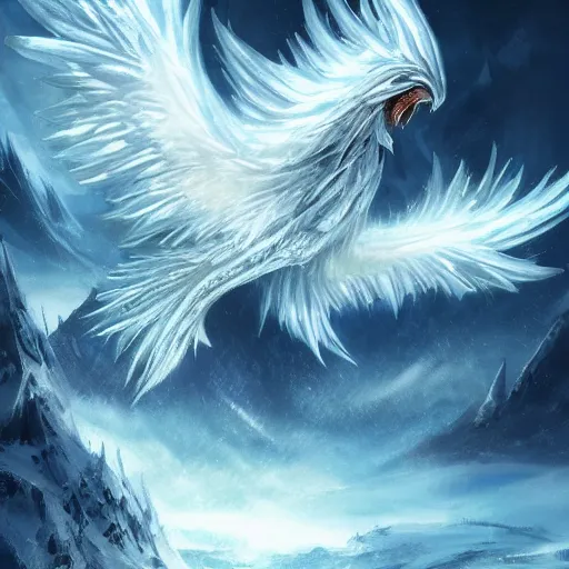 Image similar to Majestic Frost Phoenix in a snowy landscape, magic, epic, fantasy, artstation