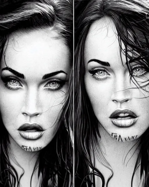 Prompt: megan fox face mash up with beautiful mountain scenery, in the style of dan mountford, tattoo sketch, double exposure, hyper realistic, amazing detail, black and white