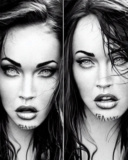 Image similar to megan fox face mash up with beautiful mountain scenery, in the style of dan mountford, tattoo sketch, double exposure, hyper realistic, amazing detail, black and white