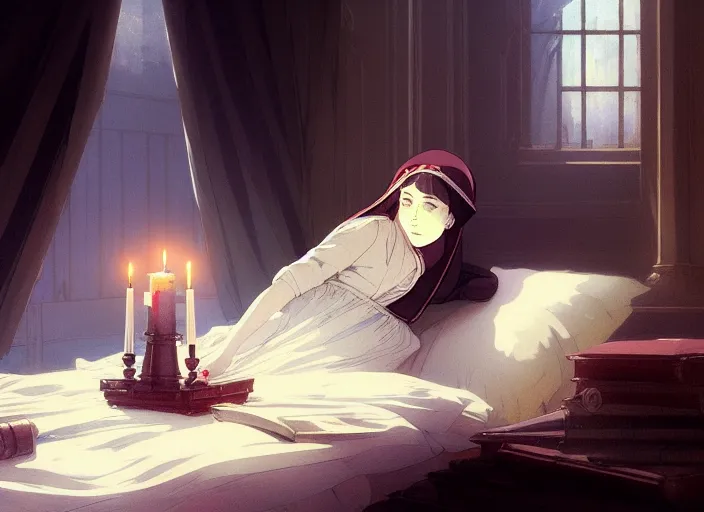 Prompt: victorian britain 1 8 3 6, 1 6 year old florence nightingale, has a vision from god, dream like, night, single candle, luxurious bedroom, finely detailed perfect art, gapmoe yandere grimdark, trending on pixiv fanbox, painted by greg rutkowski makoto shinkai takashi takeuchi studio ghibli