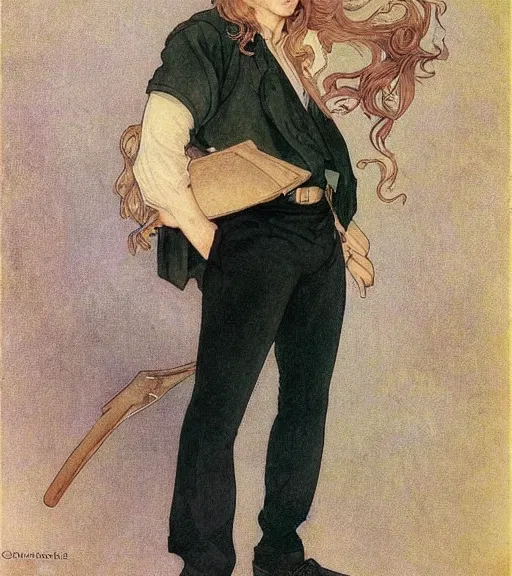 Image similar to clean cel shaded art of a pale androgynous blond young man, long fluffy curly blond hair, light platinum long blond hair, wearing black leather riding pants and a white poet shirt, Alexandre Cabanel, norman rockwell, peter paul rubens, maler collier, frank frazetta, alphonse mucha, gustav klimt 4k, unreal 5, DAZ, french noveau, trending on artstation, octane render, hyperrealistic