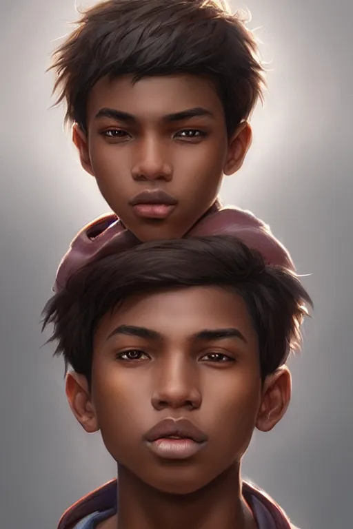 Prompt: young teenager boy with straight short brown hair, dark skin, big lips. highly detailed, d & d, fantasy, highly detailed, digital painting, trending on artstation, concept art, sharp focus, illustration, art by artgerm and greg rutkowski and fuji choko and viktoria gavrilenko and hoang lap