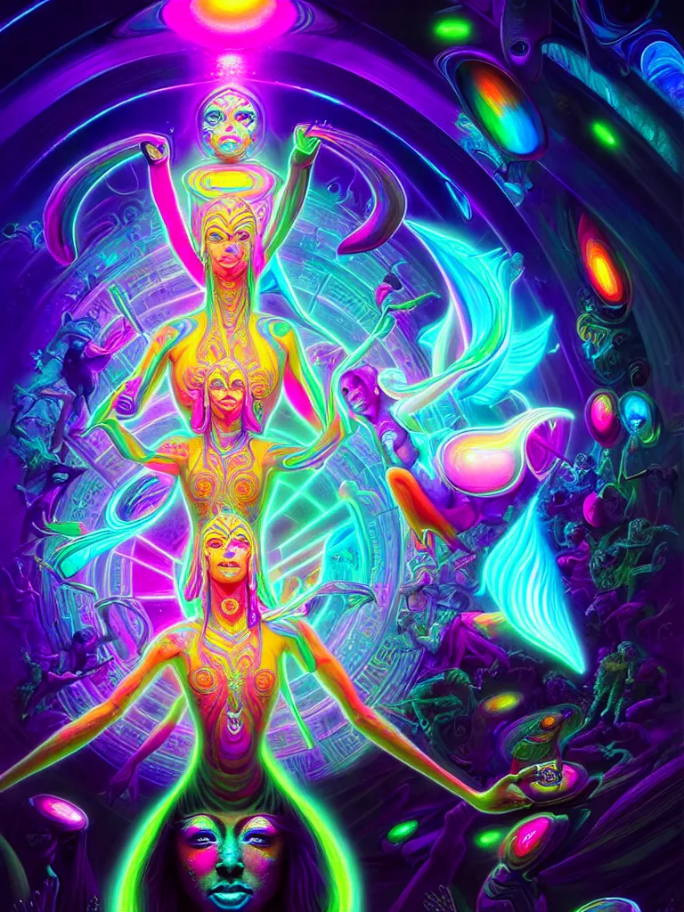 Prompt: epic scale cinematic full view chromaticity dmt being alex grey character concept of a beautiful colorful crystals powder liquids, glowing fluorescent velvet neon blacklight hues and saturation, sacred dmt color deity visionary fantasy art by greg rutkowski android jones artgerm alphonse max chroma rule of thirds golden ratio sacred geometry ai generated art