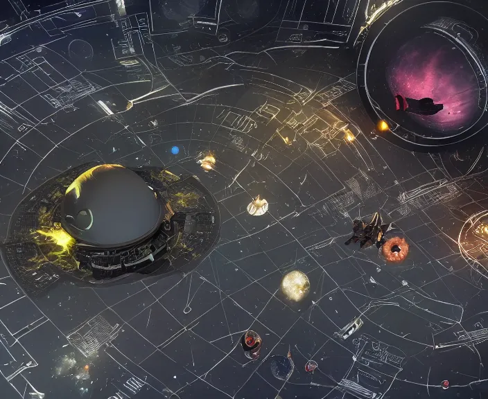 Image similar to a space junkyard forming a tilted disk in black starless space, a graveyard of space stations and giant space structures, dark sci - fi game map with solid black background, everything fits on the screen