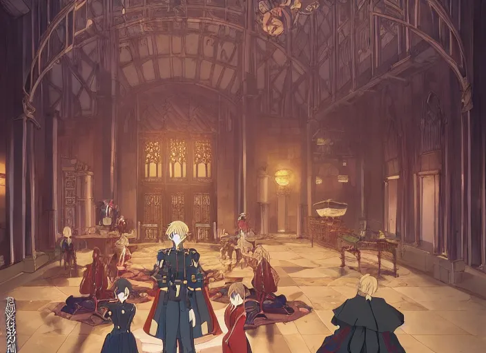 Image similar to key anime visual portrait of a castle's main hall interior with throne, servants, nobles, dynamic pose, dynamic perspective and angle, cinematic, film grain, designed by yoh yoshinari, detailed, intricate, at night, dramatic lighting, costumes by mika pikazo