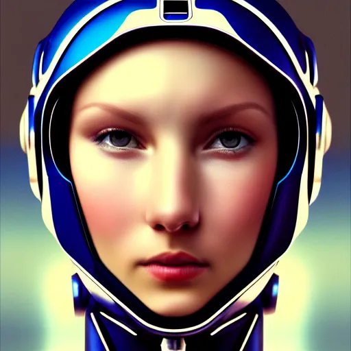 Prompt: portrait of the beautiful young robotic pilot of jets, surreal, fantasy, intricate, mechanical, elegant, dramatic, piloting a fighter jet, highly detailed, gears, lifelike, photorealistic, digital painting, painterly, artstation, concept art, smooth, head in focus, sharp focus, background aerial battle, illustration, art by John Collier and Krenz Cushart and Artem Demura and Alphonse Mucha and Albert Aublet,