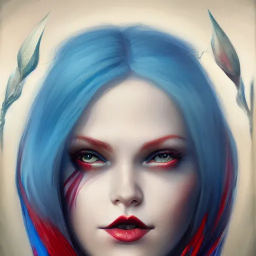 Image similar to A detailed matte oil on canvas head on symmetrical portrait of a distinguished elven woman with red and blue hair on an empty background, by Charlie bowater, Wlop, trending on artstationhd, dungeons and dragons art, parted hair , half blue, half red , split dye, critical role