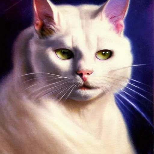 Image similar to a portrait of a manly white cat feline, blue eyes, handsome, attractive, fit, star trek the next generation. highly detailed painting by gaston bussiere, craig mullins, j. c. leyendecker, furry