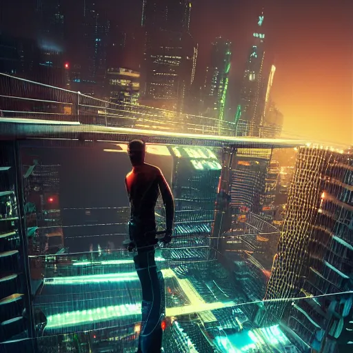 Image similar to a man standing on top of a bridge over a city, cyberpunk art by vincent lefevre, behance contest winner, altermodern, cityscape, synthwave, matte painting, - w 7 6 8