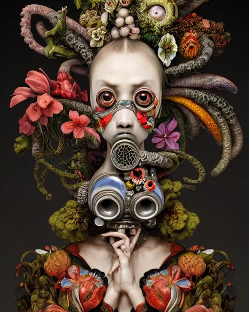 Prompt: a maximalist biomorphic portrait with with large eyes, expressive, wearing a botanical gas mask, baroque, by ayami kojima, mark ryden, caravaggio and arcimboldo, surrealism by dali, hauntingly surreal, statue, high fashion, focus on head, soft light, 4 k, octane high quality render