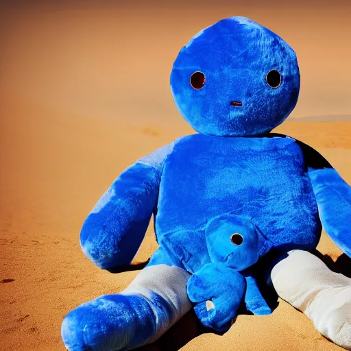 Image similar to blue'snappy gifts'logo human - sized plush doll, looking at the camera, in the desert, holding gift, happy atmosphere, high detail, 8 k