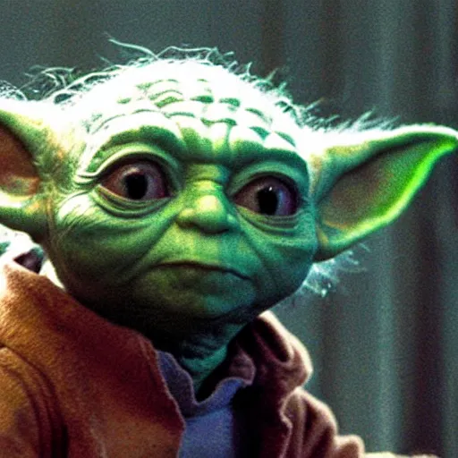 Image similar to a picture of Yoda’s first day of kindergarten. Yoda looking up towards the camera.