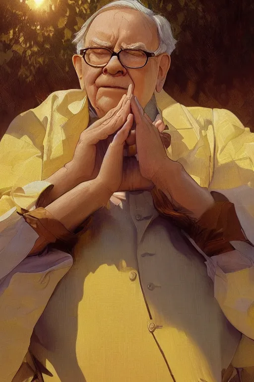 Image similar to warren buffet godly clothes meditating in the sun, yellow lighting ultra realistic photorealistic highly detailed high quality, a stunningly, digital painting, artstation, concept art, smooth, sharp focus, illustration, art by artgerm and greg rutkowski and alphonse mucha 8 k