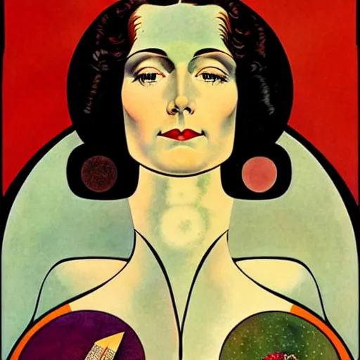Image similar to Art in the style of Coles Phillips, Gaia, Full figured Mother Earth, portrait, Herbert Bayer, Kandinsky