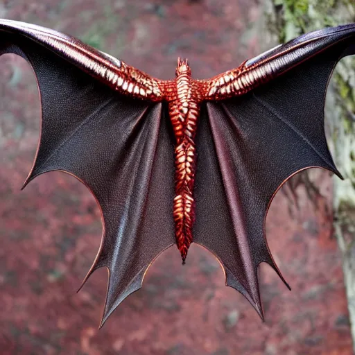 Prompt: a beautiful dark red dragon with shiny copper scales and bat like wings.