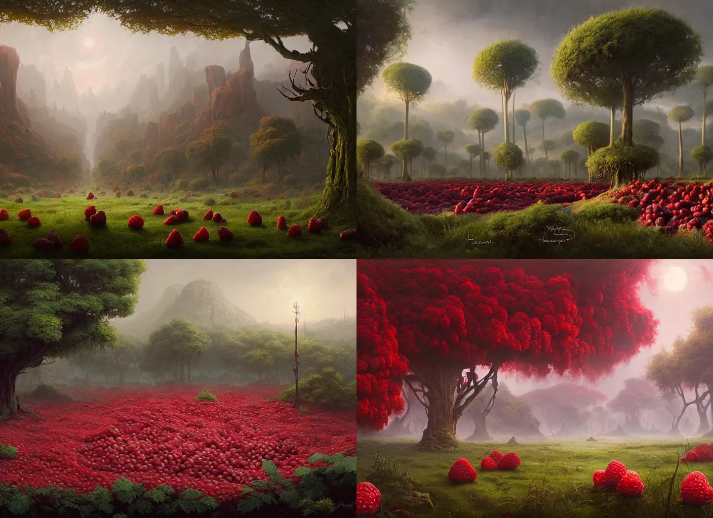 Prompt: a beautiful landscape of big oversized overgrown raspberries painted by tom bagshaw, raphael lacoste, eddie mendoza, alex ross concept art matte painting