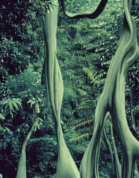Prompt: vintage color photo of a giant 1 1 0 million years old abstract sculpture made of liquid white - gold covered by the jungle vines