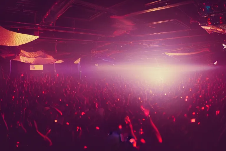 Prompt: beautiful digital art of a dj on stage spinning records with headphones looking over crowd dancing at a club by greg rutkowski, silhouette, volumetric lighting, haze, moving heads light beams, spot lights, disco ball, trending on artstation, 4k, unreal engine, intricate, ornate