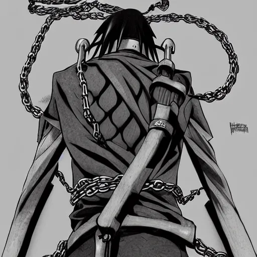 Prompt: A FULL BODY PORTRAIT FROM BEHIND OF UCHIHA ,THE MAN KEEPS A KUSARIGAMA AND IT IS WRAPPED IN CHAINS ,detailed, concept art, ink style , sketch