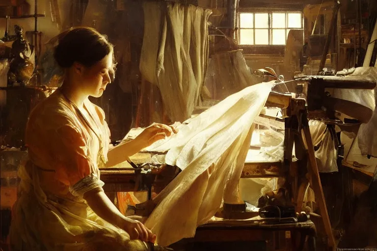 Prompt: oil painting of weaver working on a beautiful piece of fabric in their workshop, art by anders zorn, wonderful masterpiece by greg rutkowski, beautiful cinematic light, american romanticism by greg manchess, jessica rossier and norman rockwell