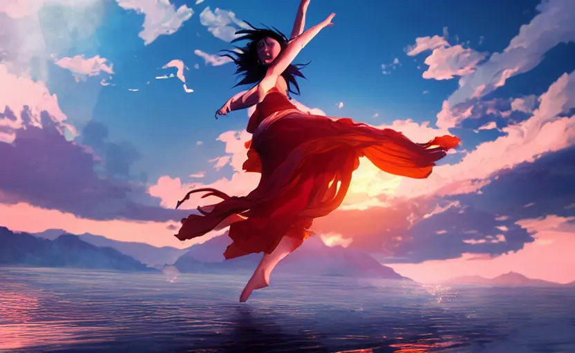 Image similar to Himalayan mage dancing on water, beautiful flowing fabric, sunset, dramatic angle, dynamic pose, 8k hdr pixiv dslr photo by Makoto Shinkai ilya kuvshinov and Wojtek Fus