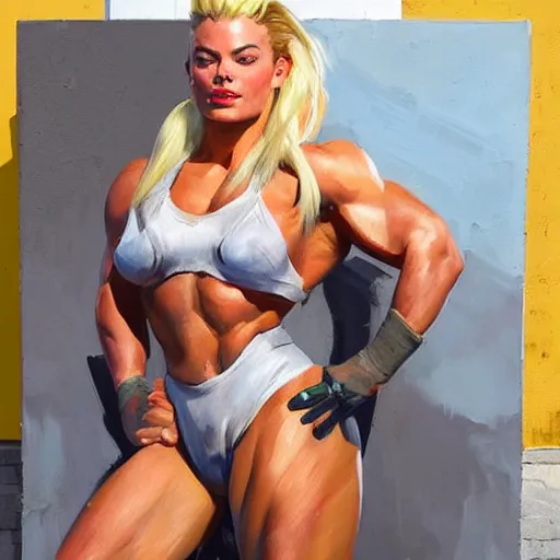 Image similar to greg manchess portrait painting of margot robbie as beautiful thick female bodybuilder zarya from overwatch, medium shot, asymmetrical, profile picture, organic painting, sunny day, matte painting, bold shapes, hard edges, street art, trending on artstation, by huang guangjian and gil elvgren and sachin teng