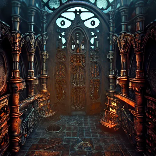 Image similar to steam necropolis, memento mori, gothic, neo - gothic, art nouveau, hyperdetailed copper patina medieval icon, stefan morrell, philippe druillet, ralph mcquarrie, concept art, steampunk, unreal engine, detailed intricate environment, octane render, moody atmospherics, volumetric lighting, ultrasharp, ominous, otherworldly