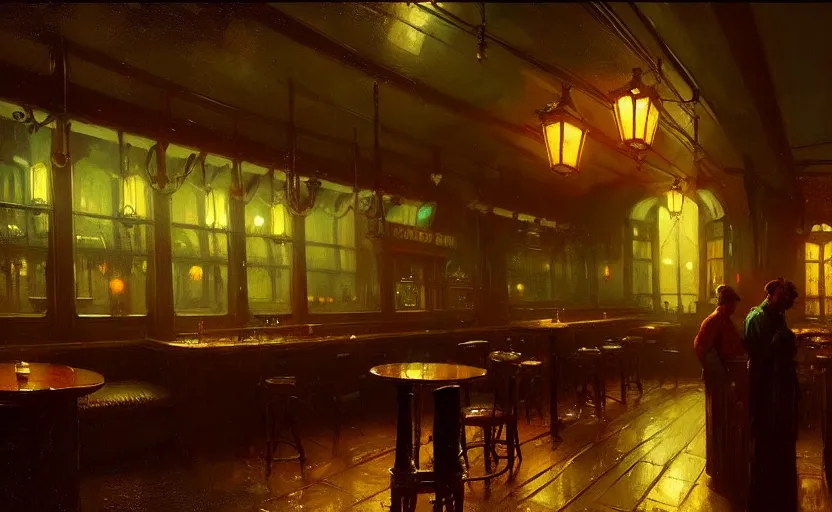 Image similar to a victorian tavern with rainy and moody cinematic lighting by darek zabrocki and greg ruthkowski, alphonse mucha, simon stalenhag and cinematic and atmospheric, concept art, artstation, trending on artstation