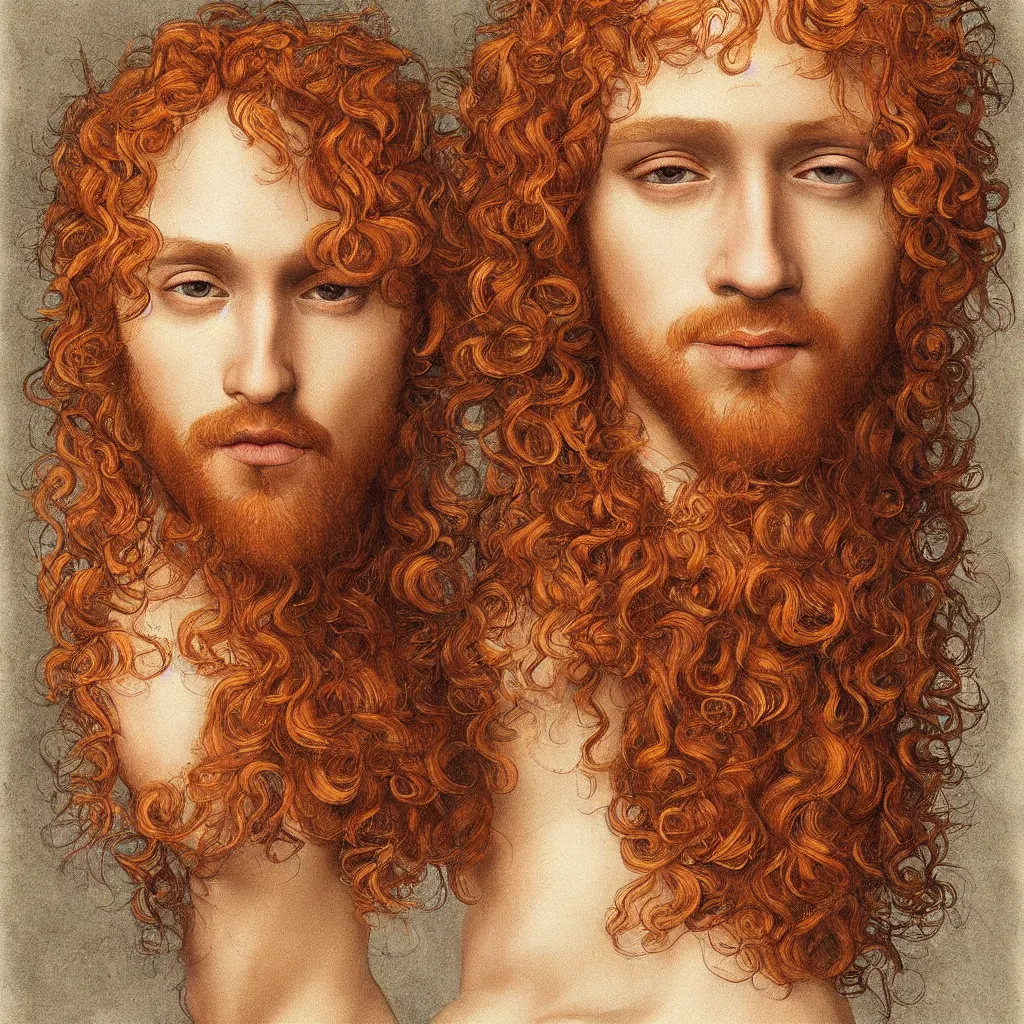 Image similar to illustration of a short curly orange hair man as a portrait, smooth, reflects, masterpiece artwork, ultra detailed, artgerm, style by leonardo da vinci, digital art, trending on artstation, behance, deviantart