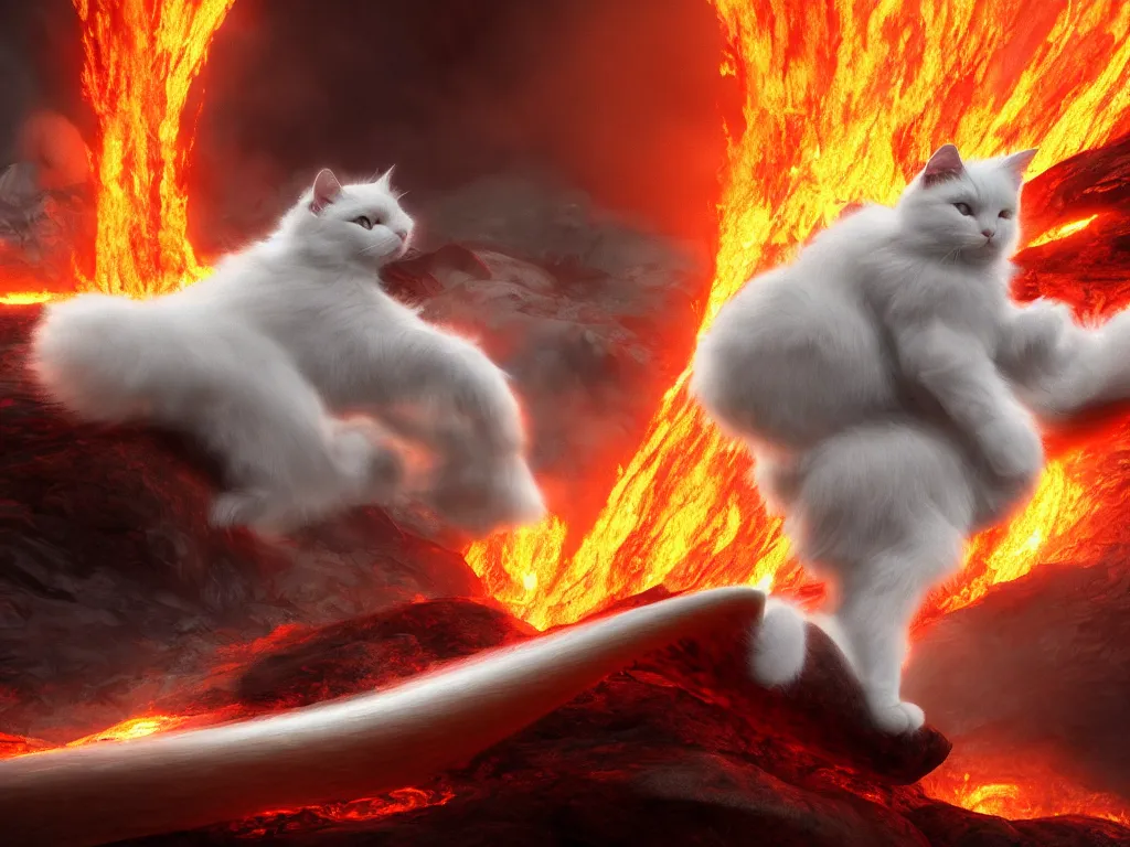 Image similar to a white fluffy cat surfing on lava, muscular, erupting volcano, stunning scene, 8 k, extremely detailed digital painting, depth, bright colors, trending on artstation