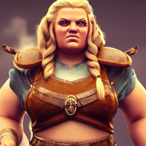 Image similar to a handsome corpulent viking girl with blond hair, clash royal style characters, unreal engine 5, octane render, detailed, cinematografic, cinema 4 d