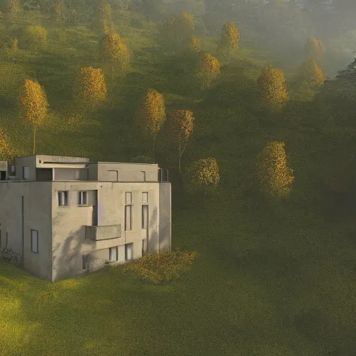 Prompt: beige house with collumns around a garden, on a hill surrounded by big trees, dramatic lighting, artstation, matte painting, raphael lacoste, simon stalenhag, frank lloyd wright, drone view