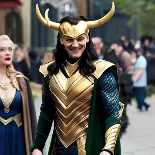 Image similar to Tom Hiddleston dressed as his character Loki and flirting with a skinny blonde woman wearing Mickey Mouse ears