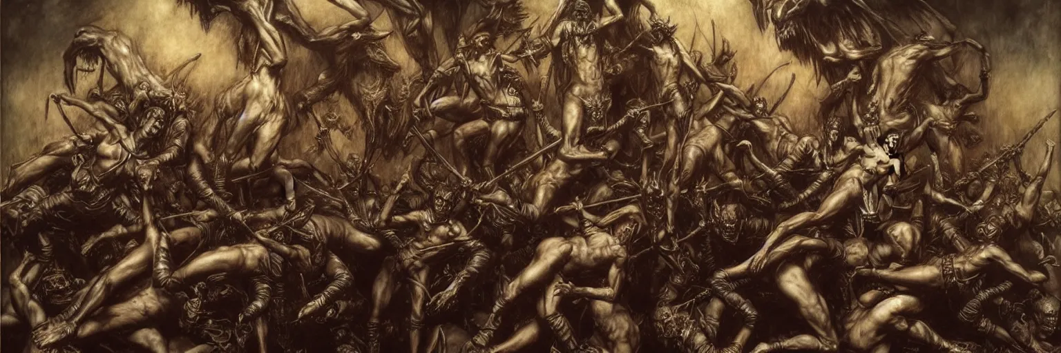 Prompt: the wild hunt in the style of wayne barlowe, gustav moreau, goward, bussiere, roberto ferri, santiago caruso, luis ricardo falero, austin osman spare