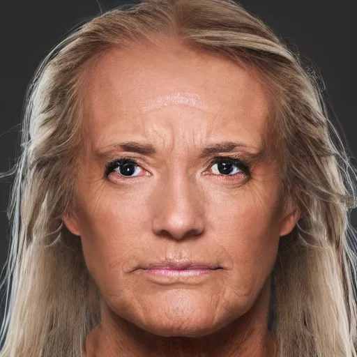 Image similar to uhd, high resolution photography of woman, genetic combination of hulk hogan and donald trump face and upper body, body focus