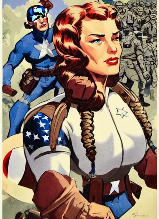 Prompt: beautiful female captain america standing on a pile of defeated, beaten and broken german soldiers. feminist captain america wins wwii. american wwii propaganda poster by james gurney and pixar. gorgeous face. overwatch. braided hair