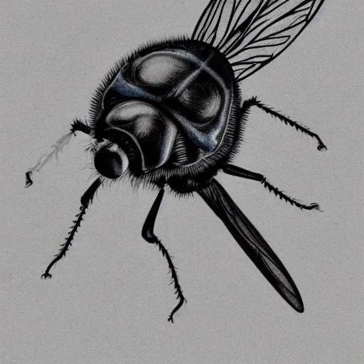 Image similar to common fly, black and white, botanical illustration, black ink on white paper, bold lines