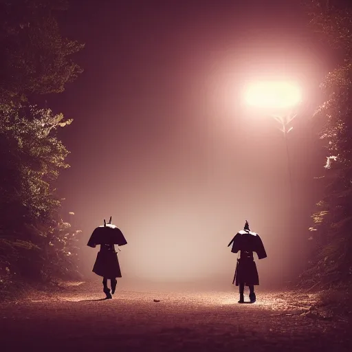 Image similar to a samurai walks with friends through the woods at night, gloomy, dark, foggy, night, ominous, dark color, atmospheric, cinematic lighting, intricate detail?